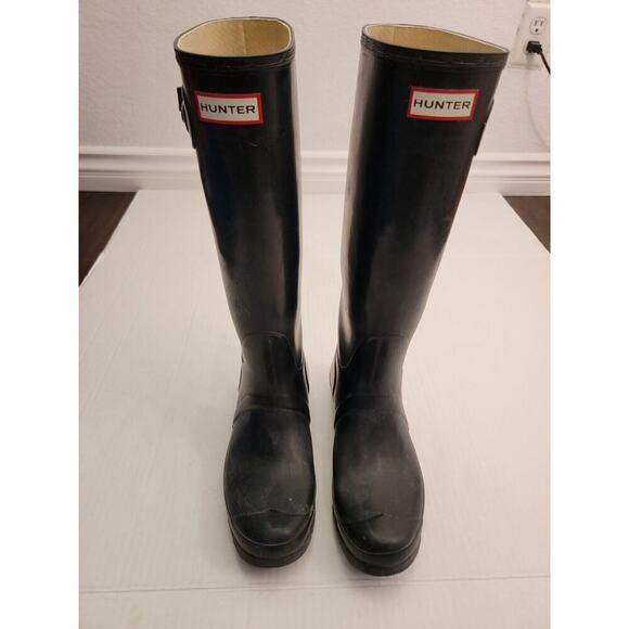 Hunter Boots Womens Size 10F Classic Original Tall Rain Black Gloss Wellies - Picture 3 of 12